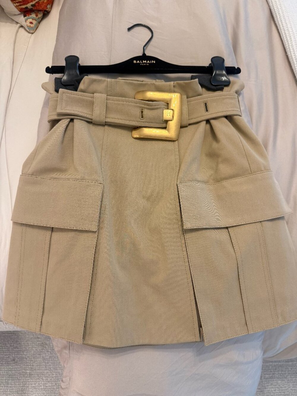 Balmain High Waisted Gabardine Cargo Mini Skirt Beige Gold Belt Buckle FR 34
